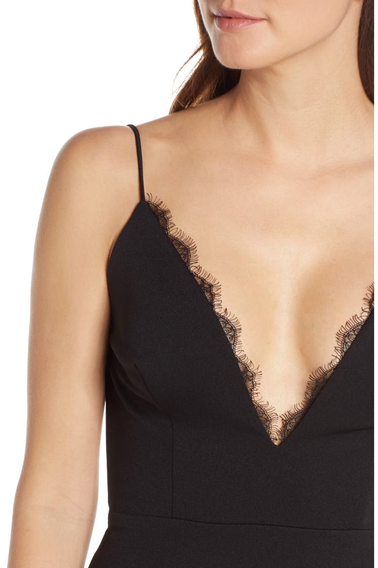 Saylor Eyelash Trim V-Neck Gown, Alternate, color, BLACK