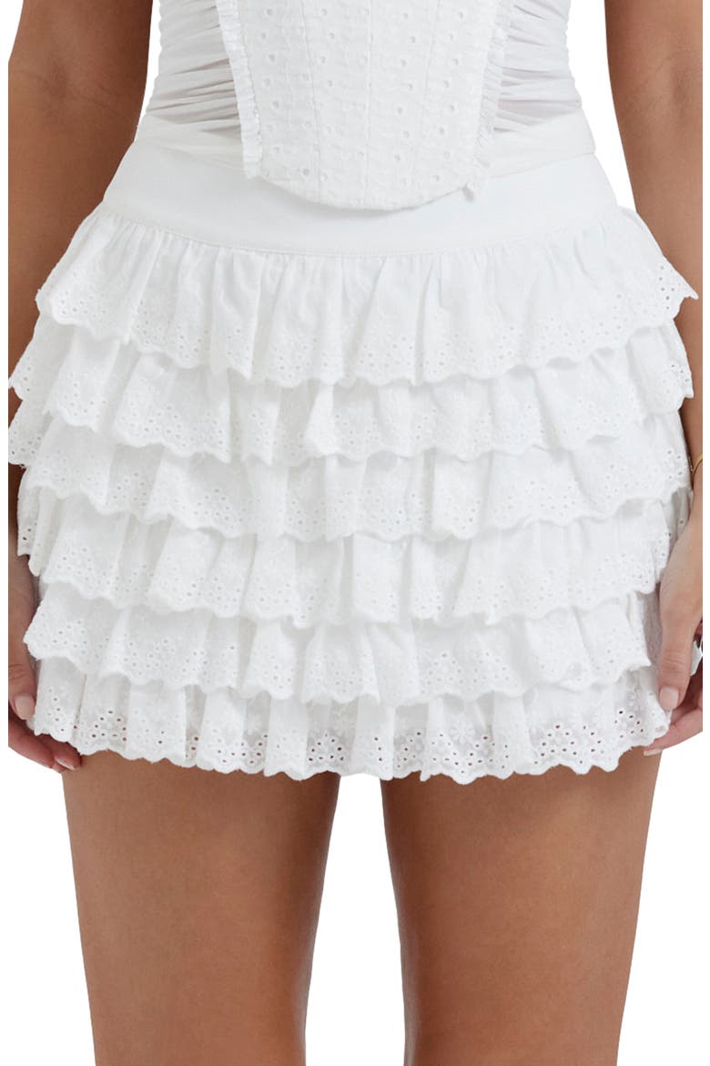 Fifi Ruffle Eyelet Cotton Blend Miniskirt, Alternate, color, WHITE