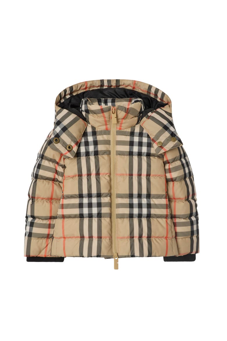 Check Hooded Puffer Jacket, Main, color, Sand beige