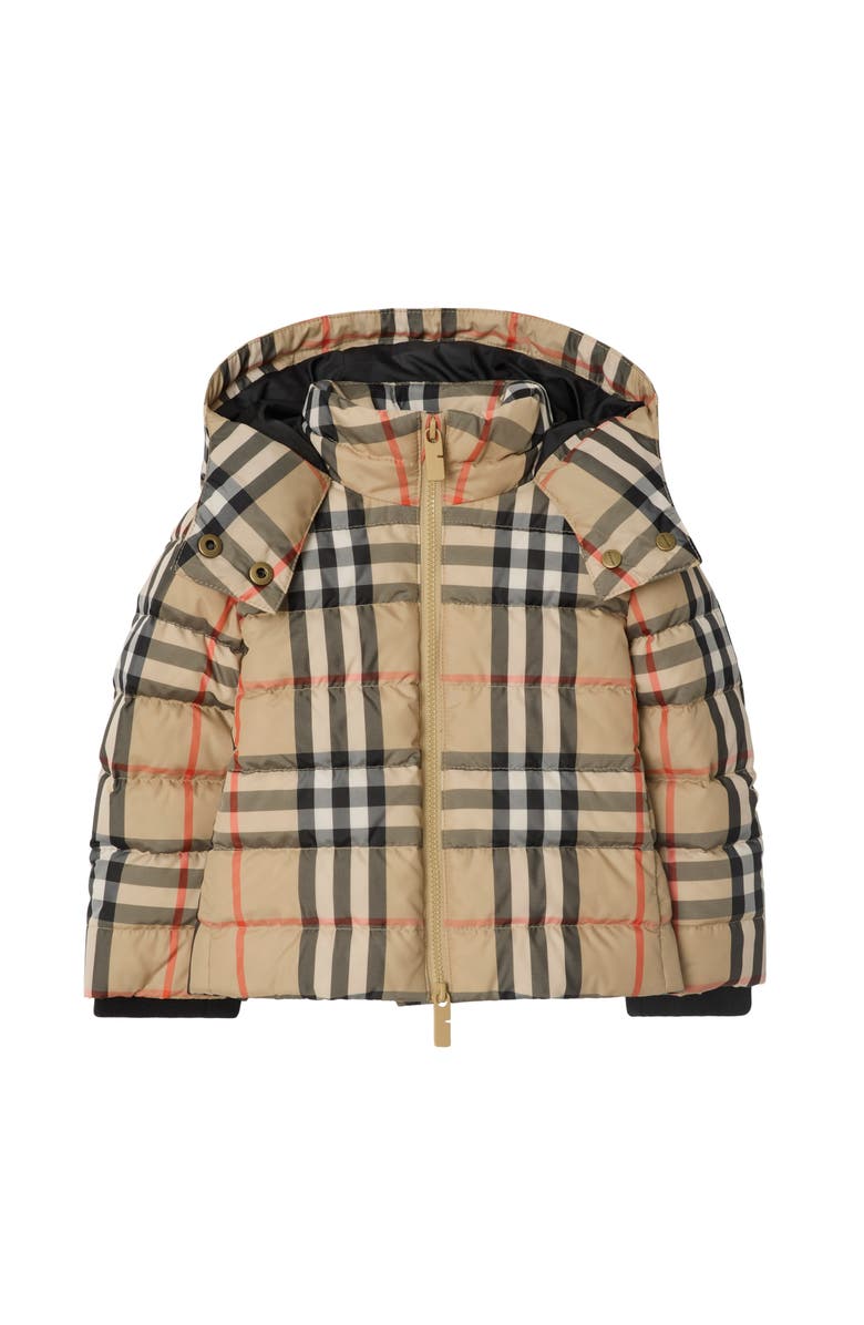 Burberry Check Hooded Puffer Jacket, Main, color, Sand Beige