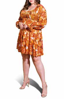 FLYING TOMATO Smocked Printed Long Sleeve Minidress