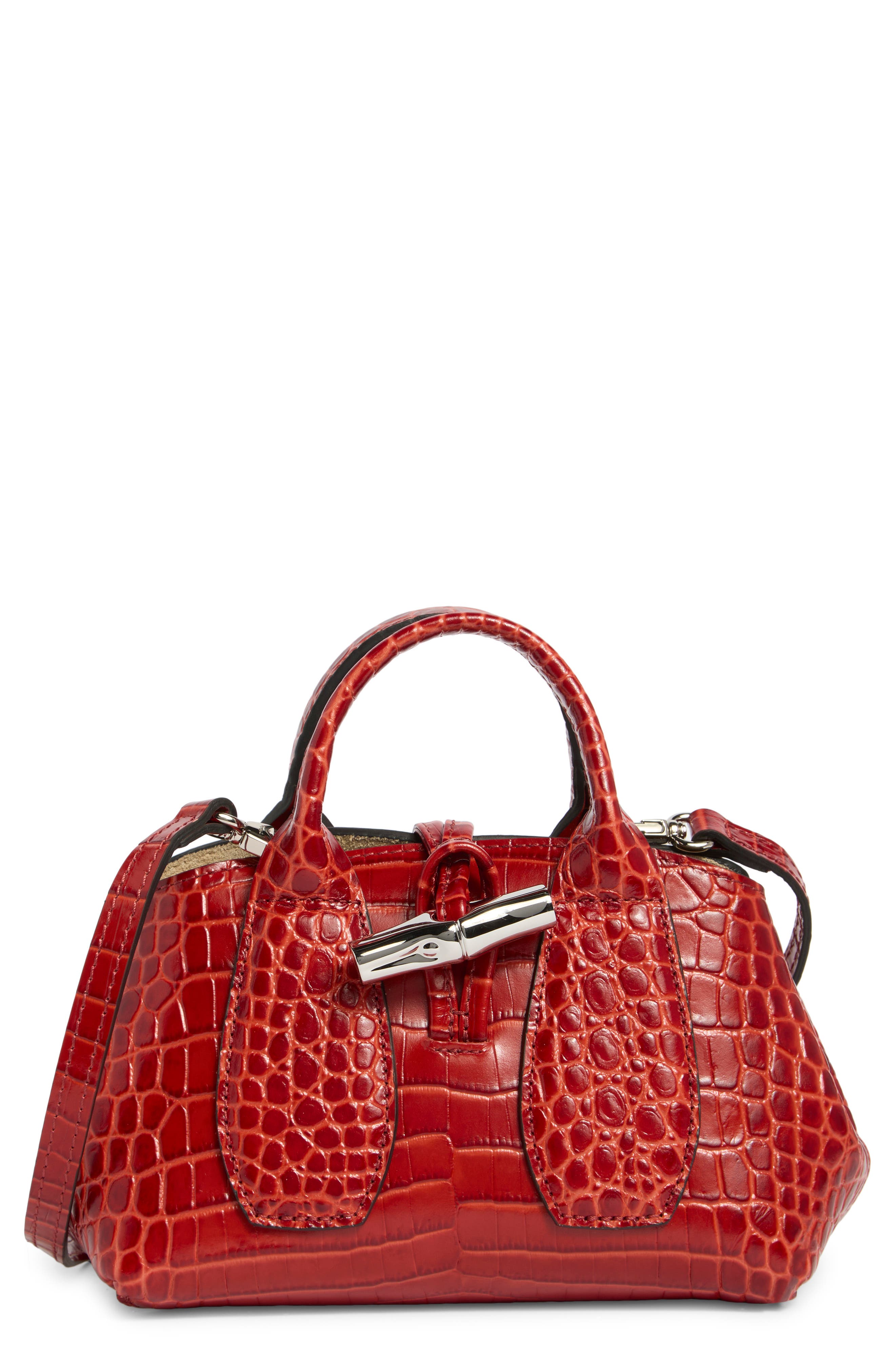 Longchamp Extra Small Roseau Croc Embossed Top Handle Crossbody Bag