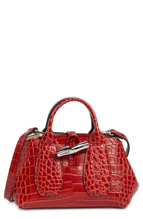 Extra Small Roseau Croc Embossed Top Handle Crossbody Bag