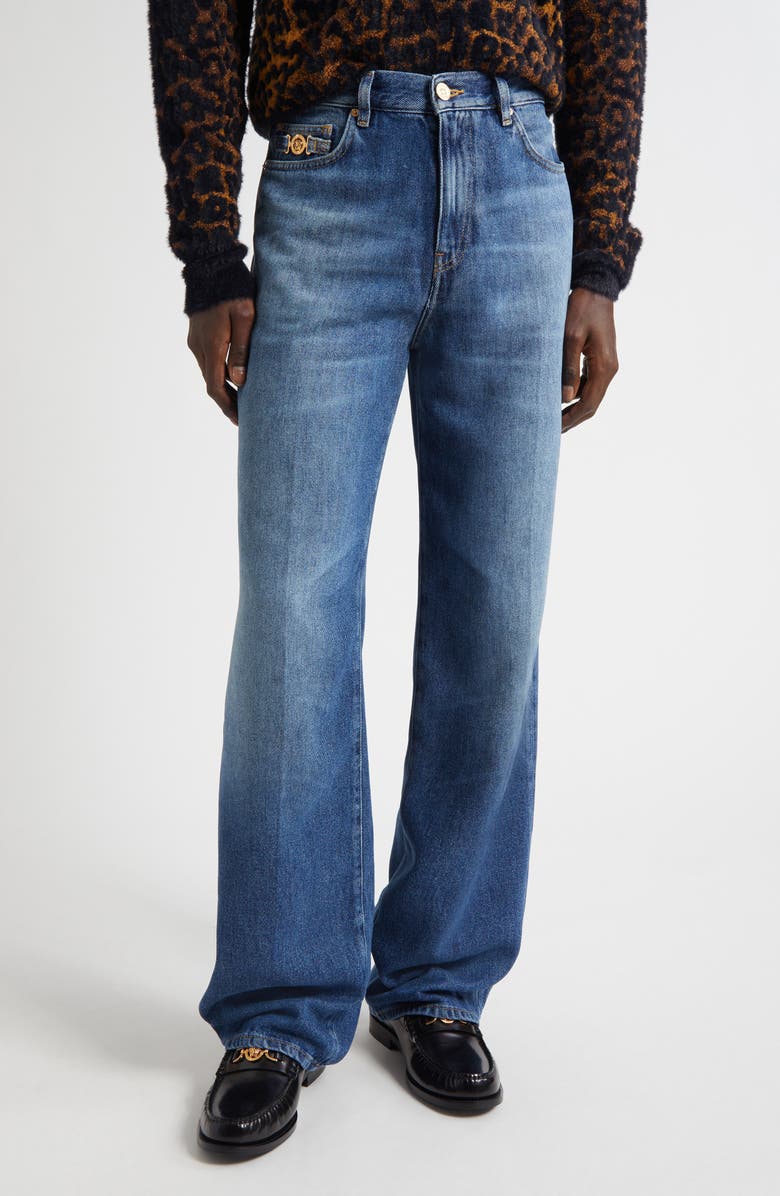 Versace Medusa Biggie Relaxed Straight Leg Jeans, Main, color, Medium Blue