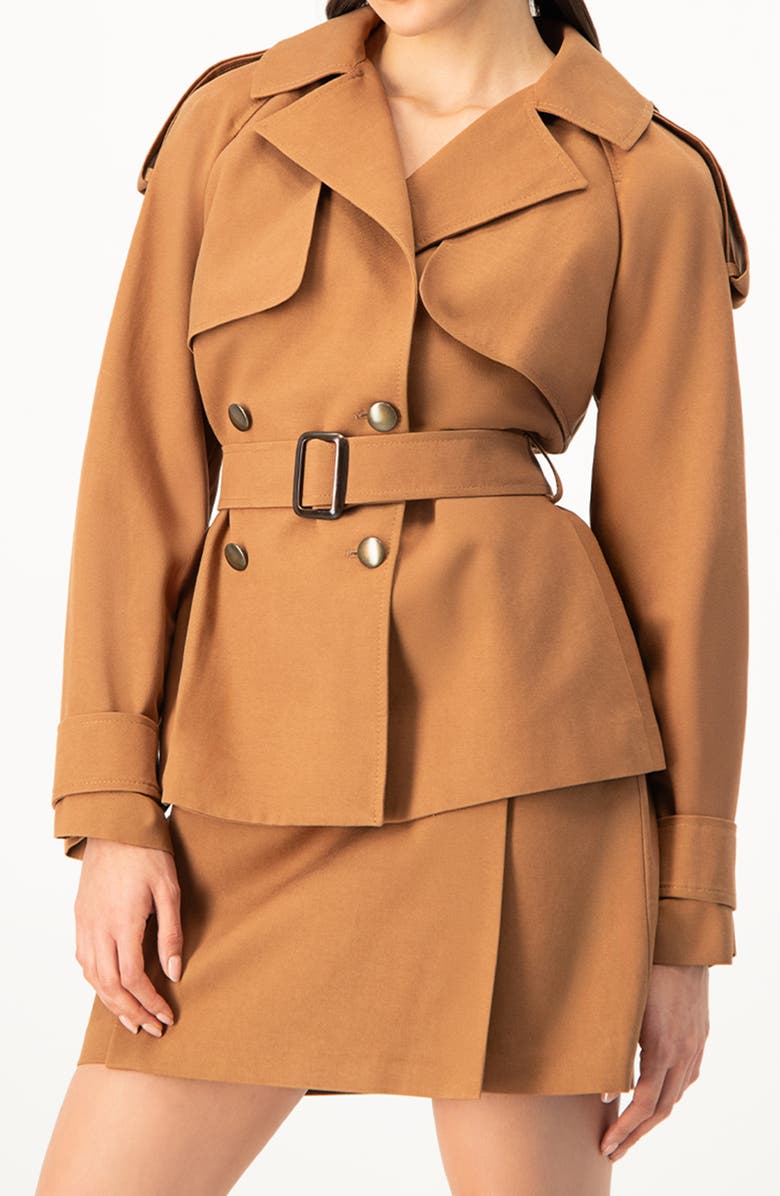 IVONNE Short Double-Breasted Trench Coat, Alternate, color, Brown
