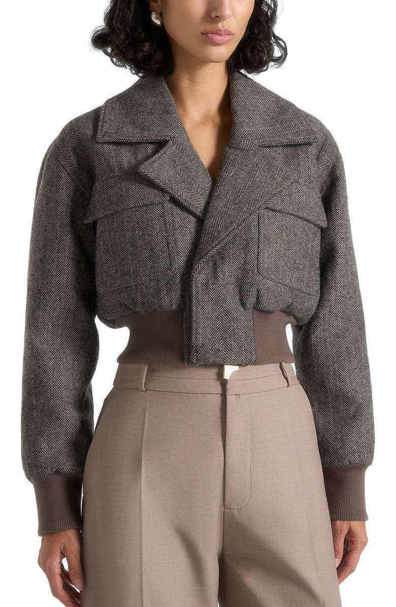 Manière De Voir Cosette Herringbone Wool Lapel Bomber Jacket, Alternate, color, Grey