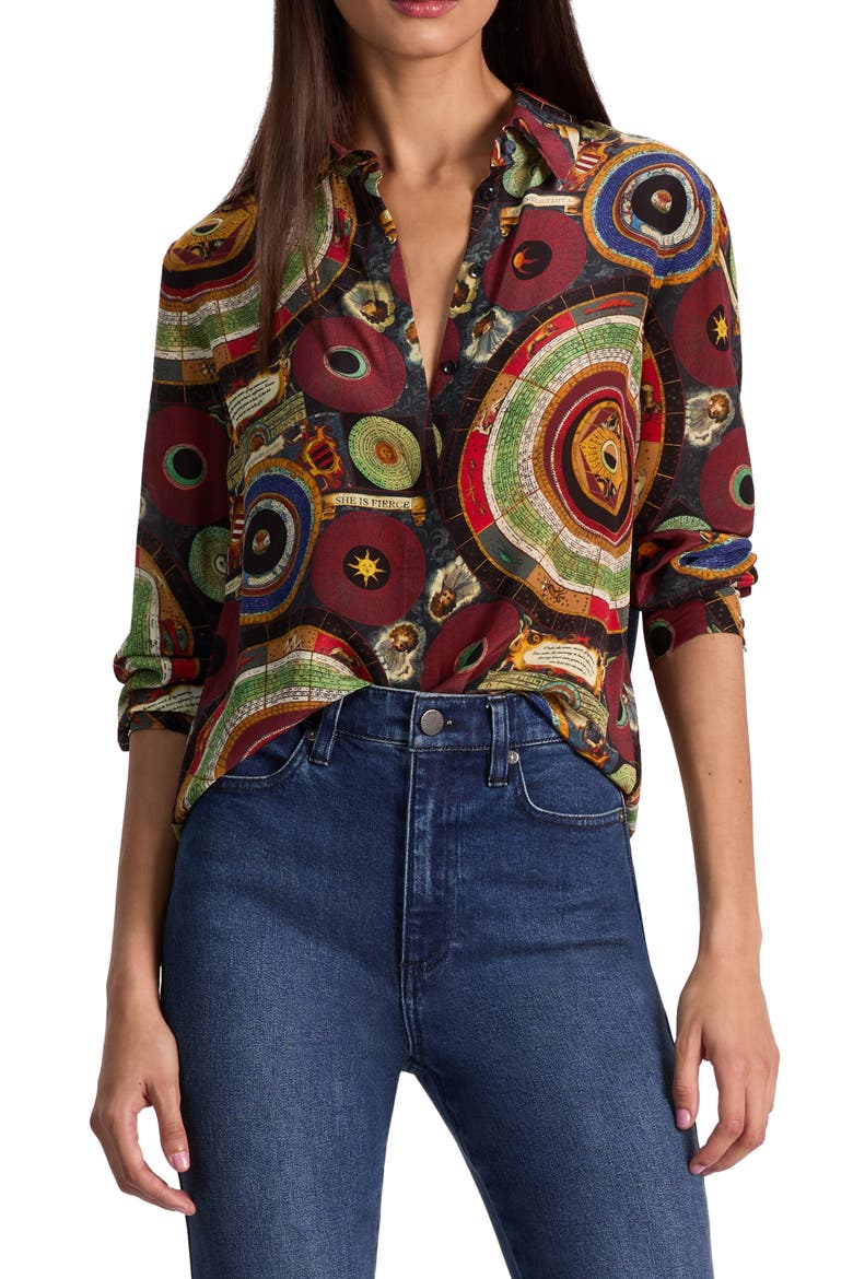 Willa Silk Button-Up Shirt, Alternate, color, HANDS OF TIME