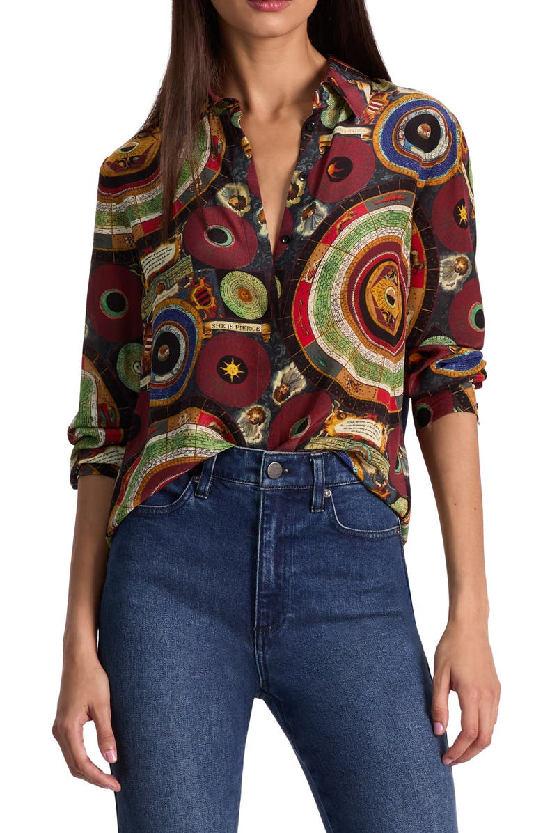Alice + Olivia Willa Silk Button-Up Shirt, Alternate, color, Hands Of Time
