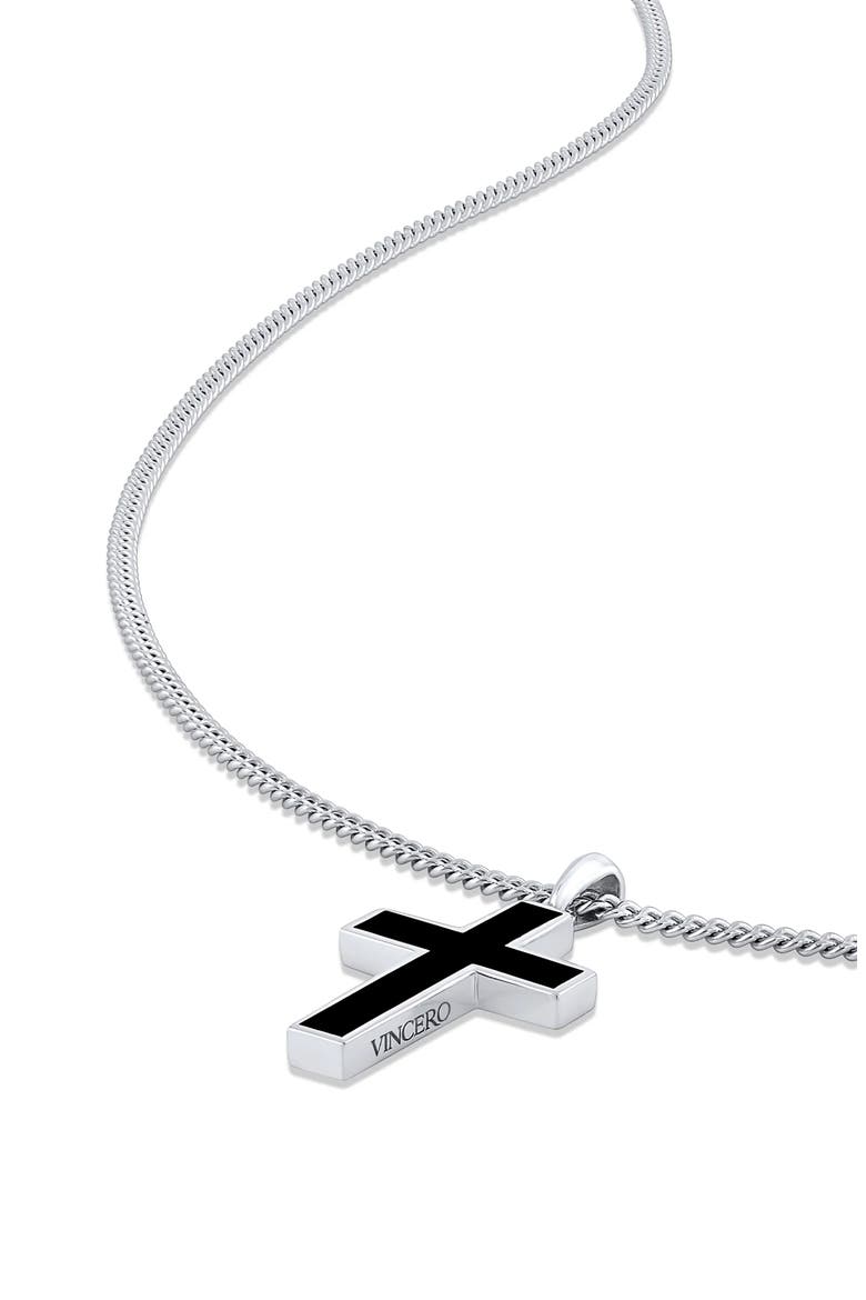Men's Stone Cross Pendant Necklace, Alternate, color, STERLING SILVER