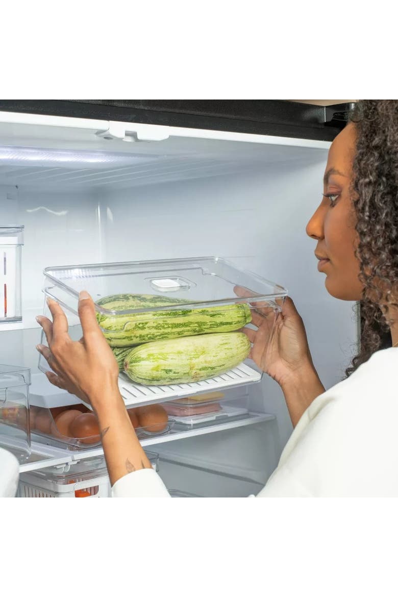 Clear Stackable Fridge Organizer Bin with Drain Tray and Vented Lid, 5.3 Quart Capacity, Alternate, color, Clear with White Drainer