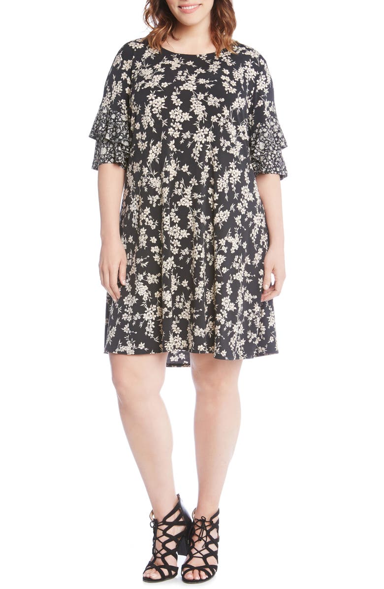 Karen Kane Contrast Print Ruffle Sleeve Shift Dress, Main, color,