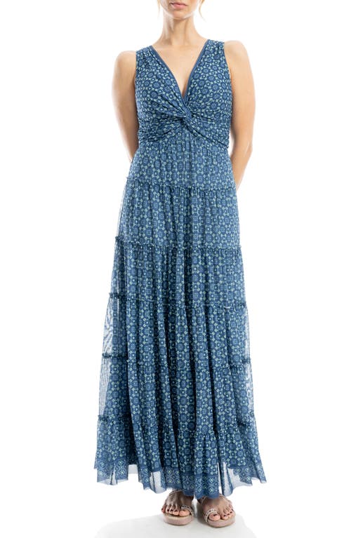 Max Studio Twist Front Sleeveless Maxi Dress In Navy Flower Bud Geo