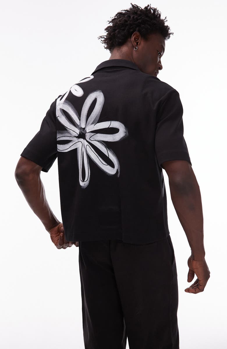 Topman Embroidered Boxy Cotton Button-Up Shirt, Alternate, color, Black