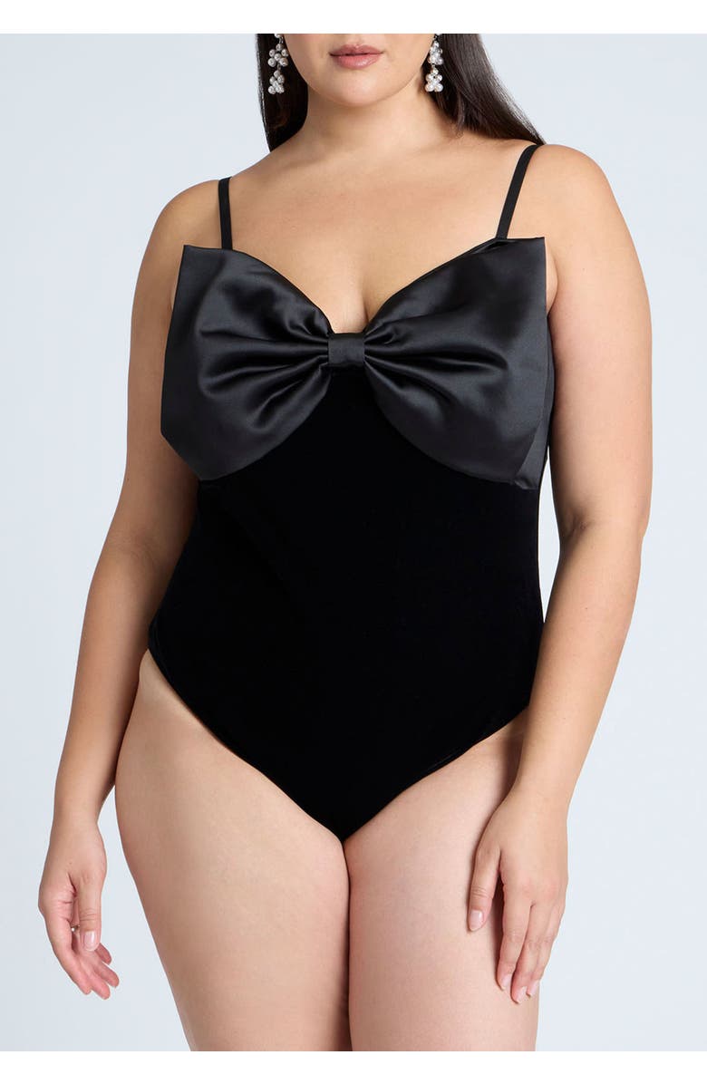 ELOQUII Contrast Bow Bodysuit, Alternate, color, Black Onyx And Sugar
