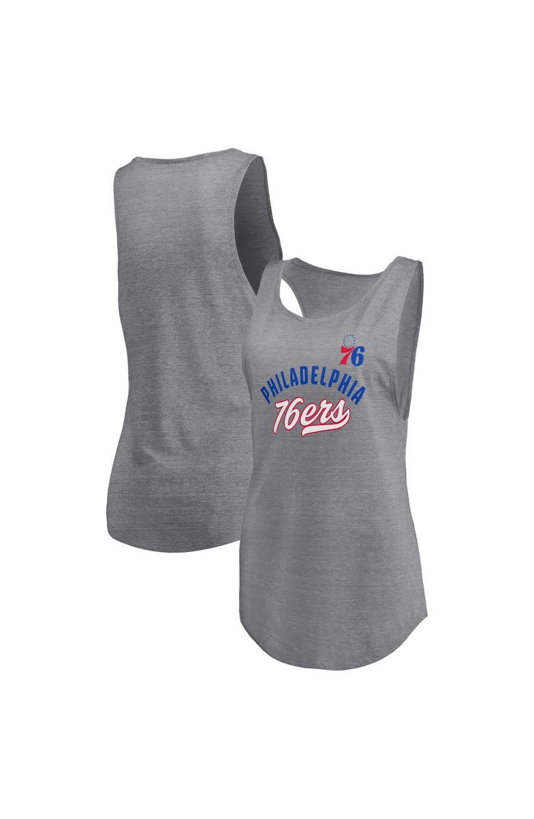 FANATICS Women's Fanatics Heathered Gray Philadelphia 76ers Quality Time Open Scoop Neck Tri-Blend Tank Top, Main, color, Heather Gray