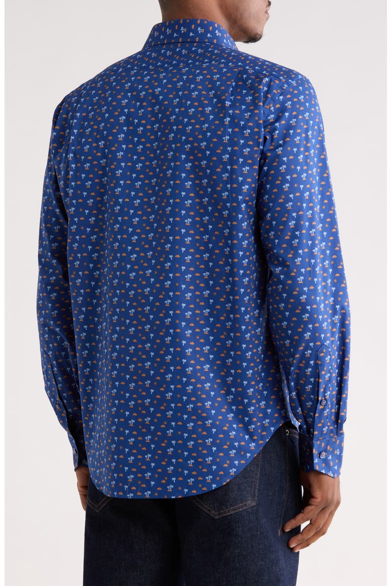 Trim Fit Palm Print Stretch Cotton Dress Shirt, Alternate, color, TROPICAL NIGHT BLUE