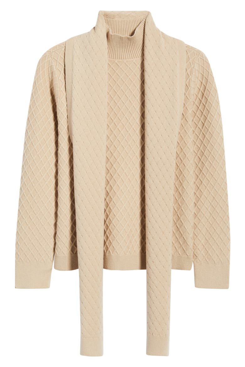 Diamond Stitch Scarf Mock Neck Sweater, Alternate, color, LATTE