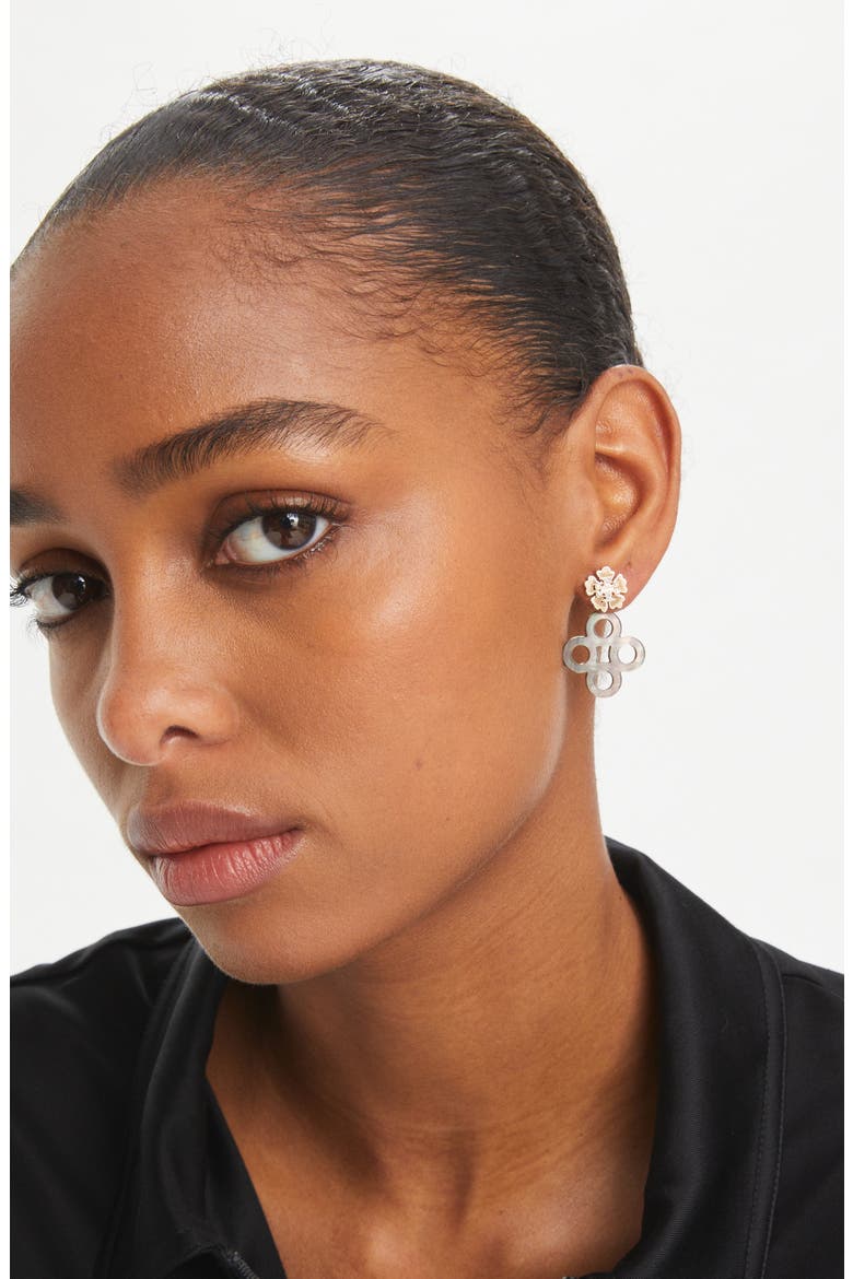 Kira Clover Pavé Front/Back Earrings, Alternate, color, TORY GOLD / BROWN