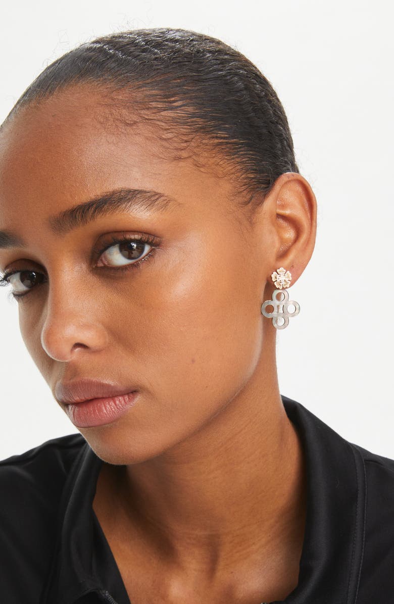 Tory Burch Kira Clover Pavé Front/Back Earrings, Alternate, color, Tory Gold / Brown