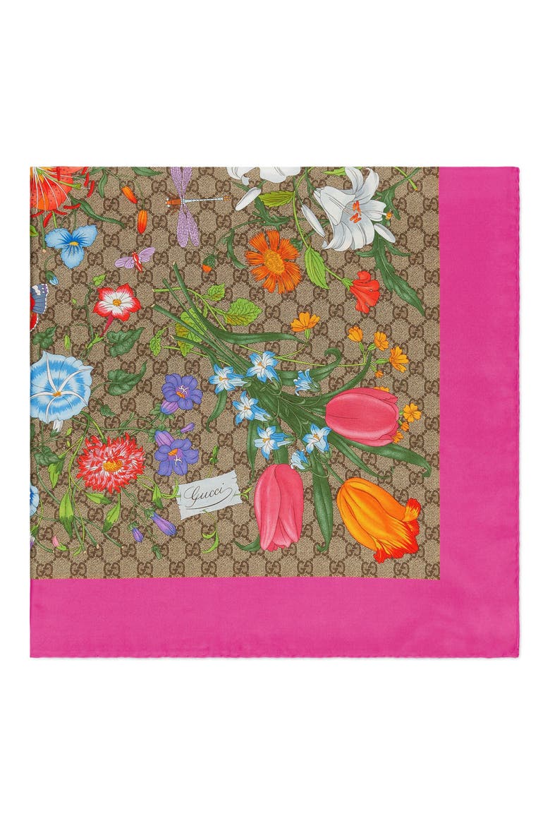 GG Flora Print Silk Twill Scarf, Alternate, color, BEIGE/ PINK