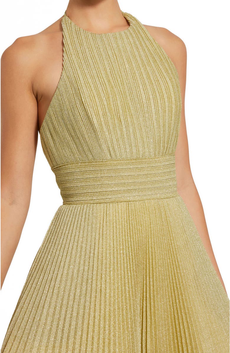 Mac Duggal Shimmering Pleated High Neck Open Back Gown, Alternate, color, Gold