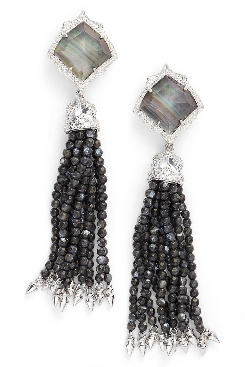 Misha Tassel Earrings, Main, color, BLACK MOP/ SILVER