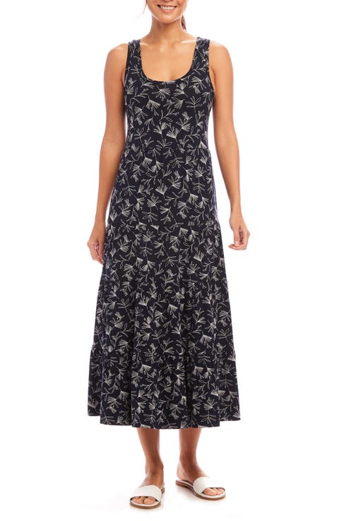 Leaf Print Tiered Midi Tank Dress