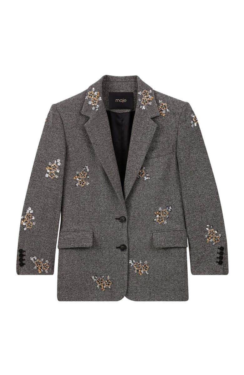 maje Flower-embroidered wool jacket, Alternate, color, Grey