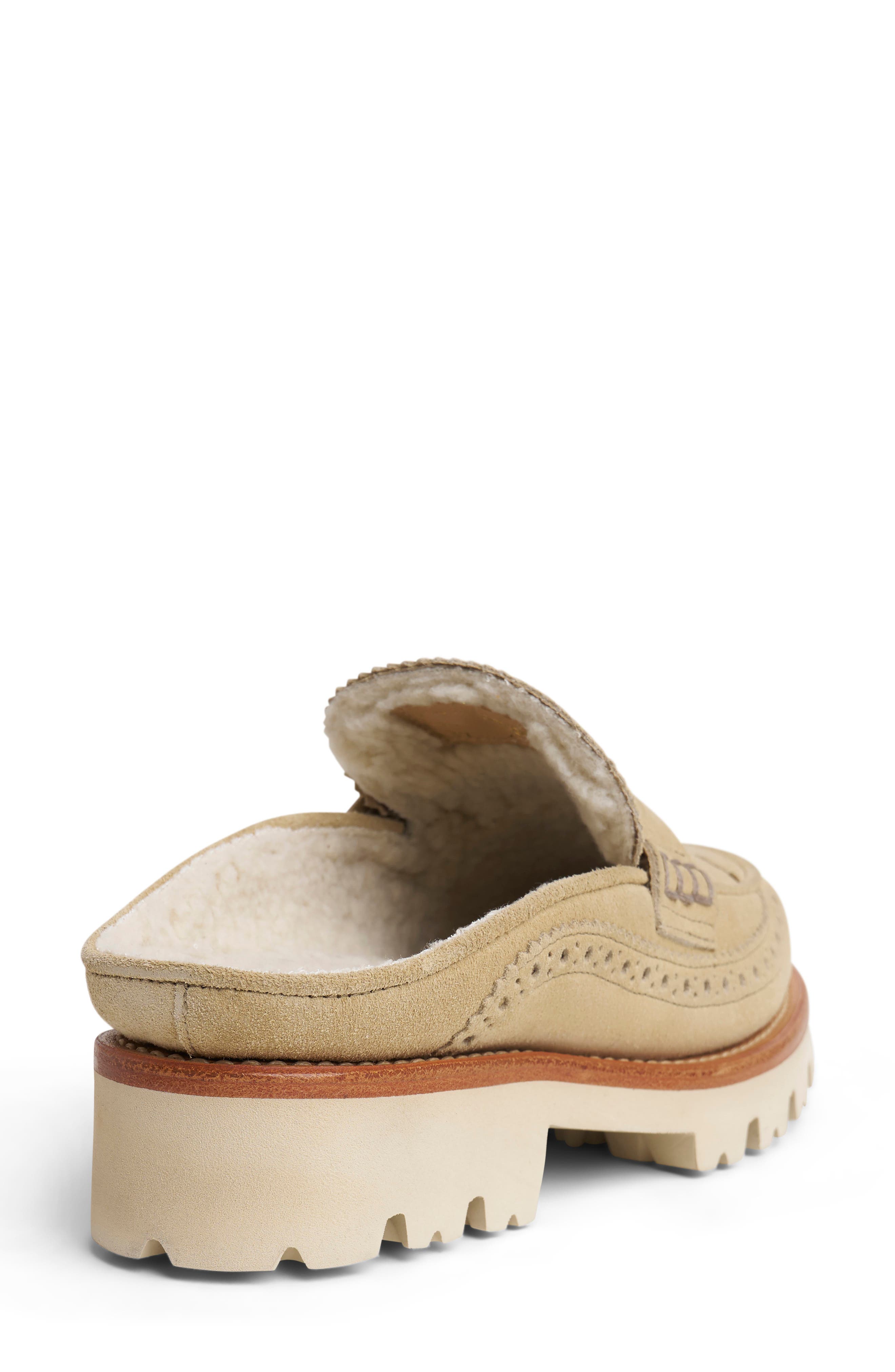 Miss Emma Genuine Shearling Trim Loafer Mule, Alternate, color, TAN SUEDE