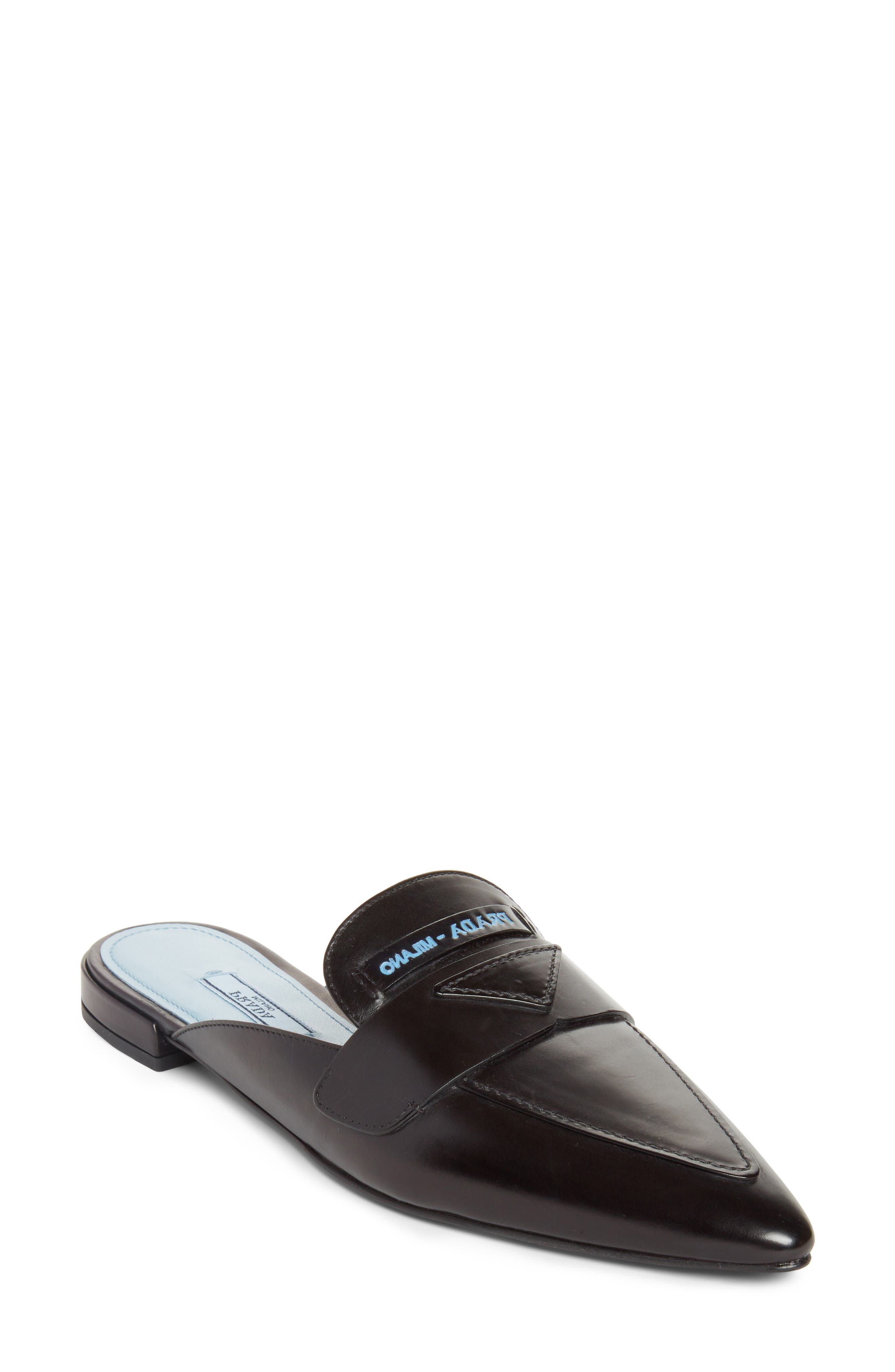 Logo Pointy Toe Loafer Mule, Main, color, BLACK