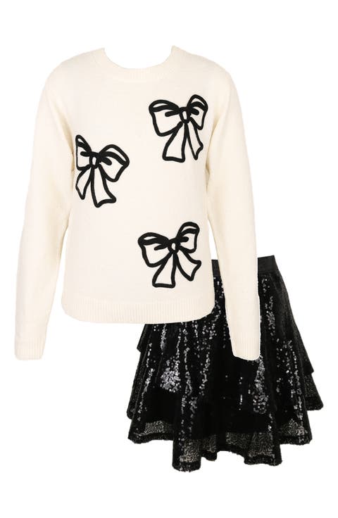 Kids' Bow Sweater & Sequin Skirt Set