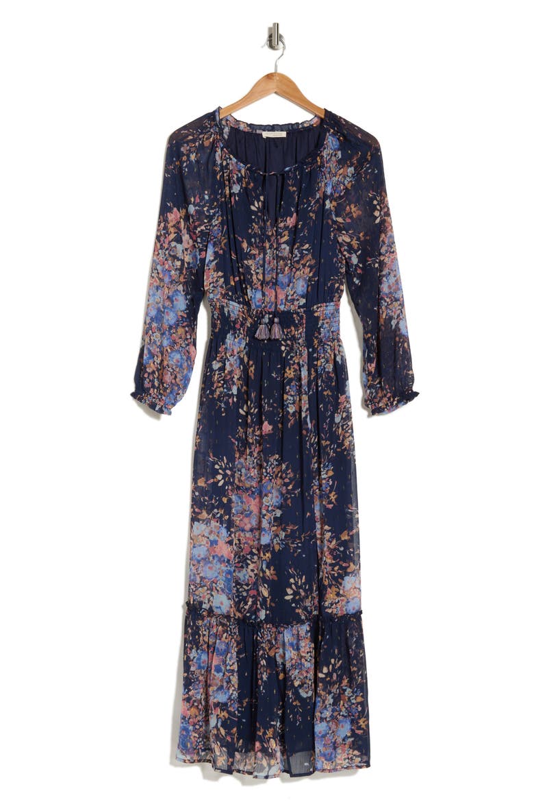 Metallic Long Sleeve Chiffon Maxi Dress, Alternate, color, NAVY/DUSTY BLUE