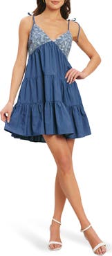 FLYING TOMATO Tie Strap Tiered Denim Dress
