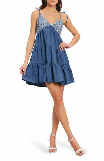 FLYING TOMATO Tie Strap Tiered Denim Dress