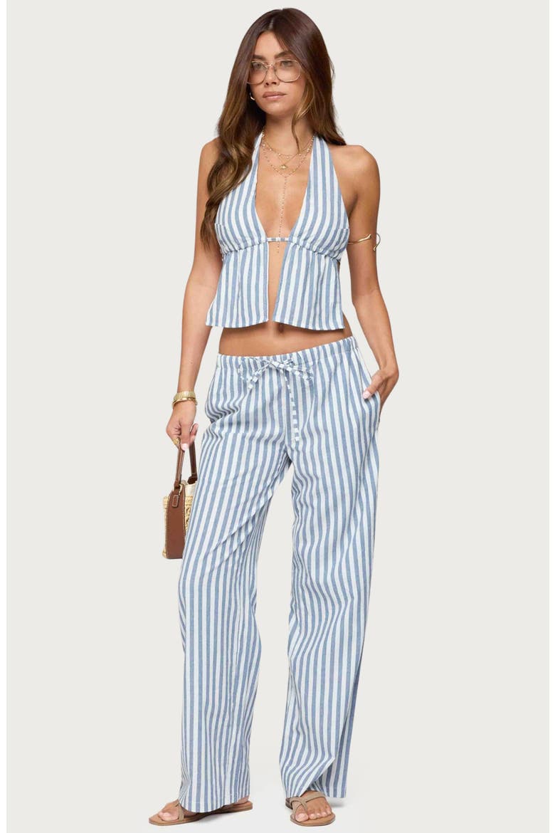 Macey Stripe Split Front Open Back Halter Top, Alternate, color, BLUE-AND-WHITE