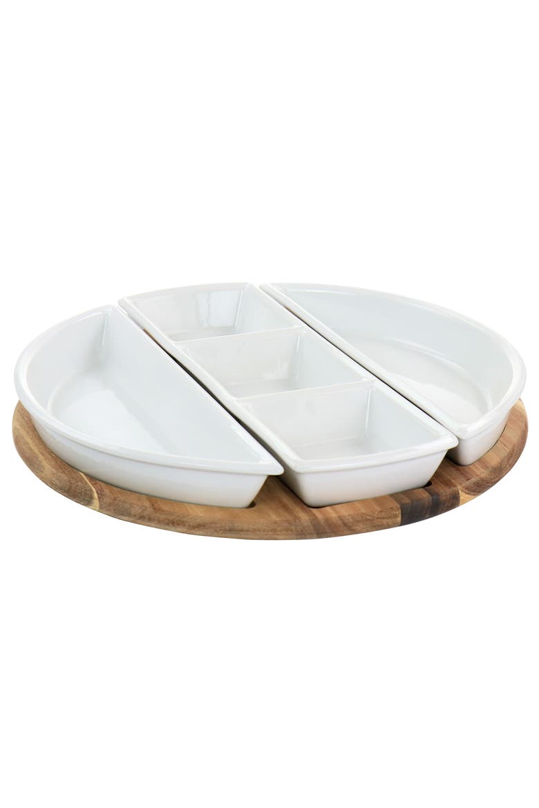 Gracious Dining 4 Piece Fine Ceramic Sectional Tray Set with Acacia Wood Base, Main, color, White