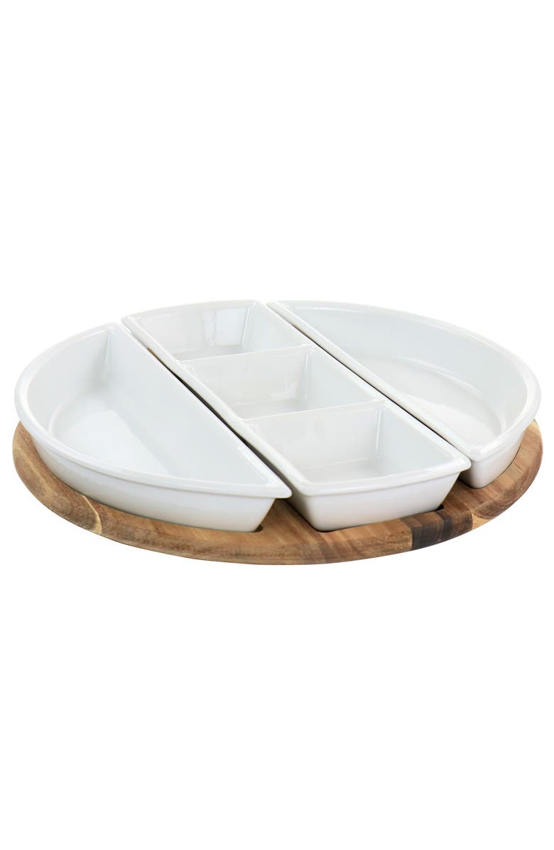 Gibson Elite Gracious Dining 4 Piece Fine Ceramic Sectional Tray Set with Acacia Wood Base, Main, color, White
