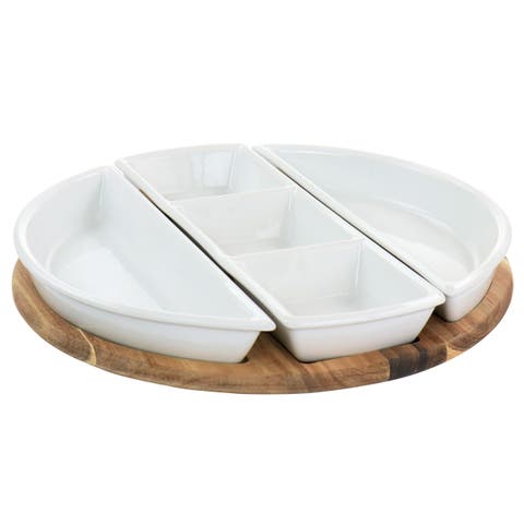 Gracious Dining 4 Piece Fine Ceramic Sectional Tray Set with Acacia Wood Base