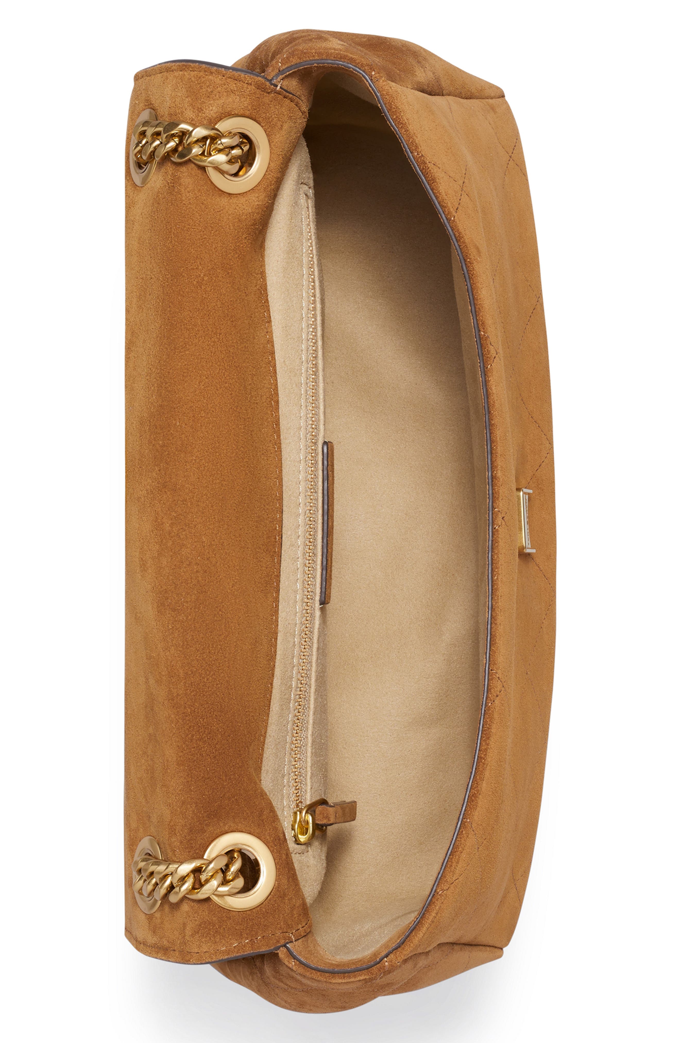 Charlie Quilted Suede Shoulder Bag, Alternate, color, CARAMEL