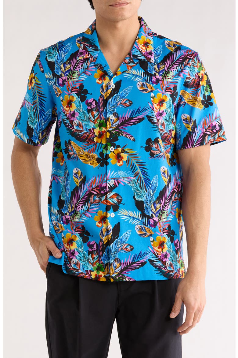 Cole OoohCotton® Woven Print Short Sleeve Button-Up Shirt, Main, color, AZURE