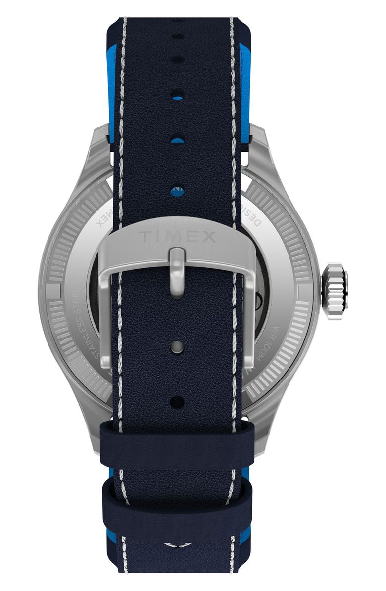 Timex<sup>®</sup> x Pan Am<sup>®</sup> Waterbury Ace Automatic Leather Strap Watch, 41mm, Alternate, color, Blue