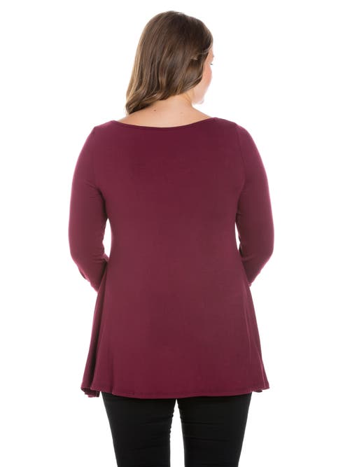 24seven Comfort Apparel Plus Size Ruched Sleeve Swing Tunic Top In Burgundy