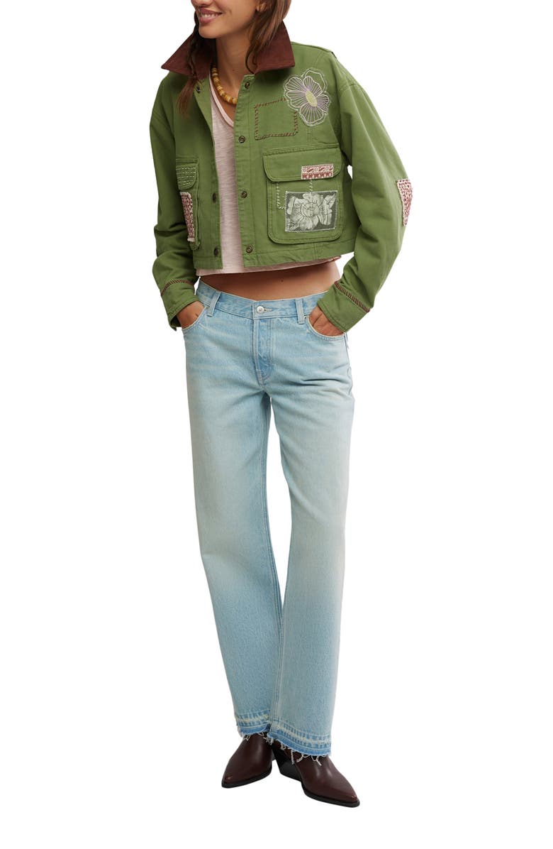 Free People Martha Workwear Appliquè Crop Jacket, Alternate, color, Callisto Green
