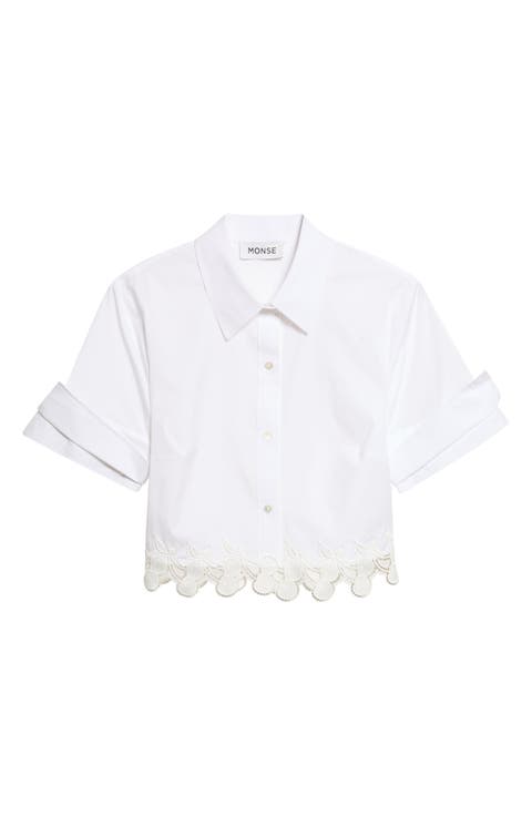 Cherry Lace Crop Stretch Cotton Button-Up Shirt