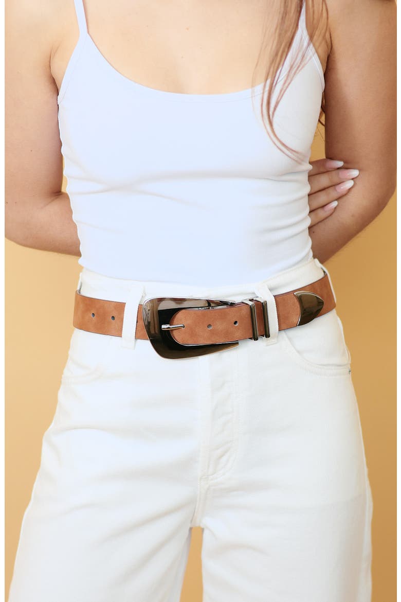 Verve Faux Leather Belt, Alternate, color, BROWN SUEDE/ SILVER
