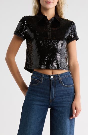 Alice And Olivia Alice + Olivia Sequin Knit Polo In Black