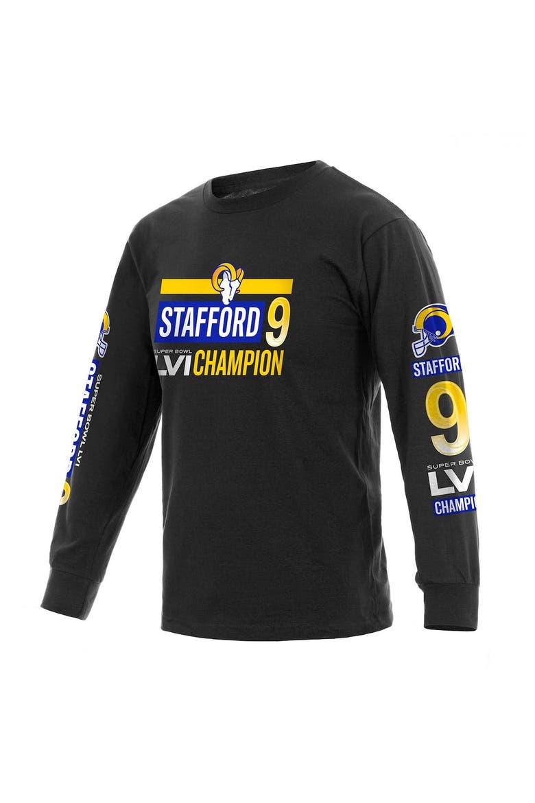 Men's Fanatics Branded Matthew Stafford Black Los Angeles Rams Super Bowl LVI Champions Player Name & Number Long Sleeve T-Shirt, Alternate, color, Black