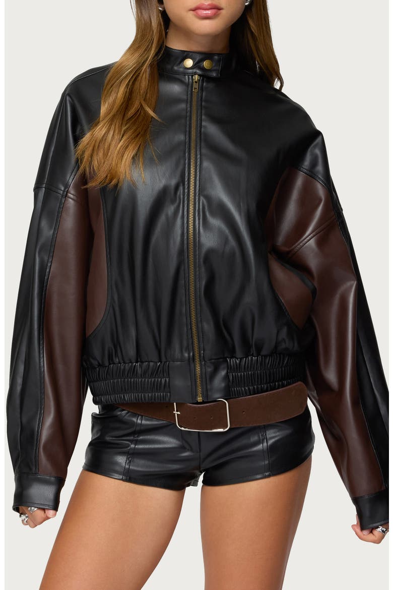 Lavena Oversize Colorblock Faux Leather Moto Jacket, Main, color, BLACK