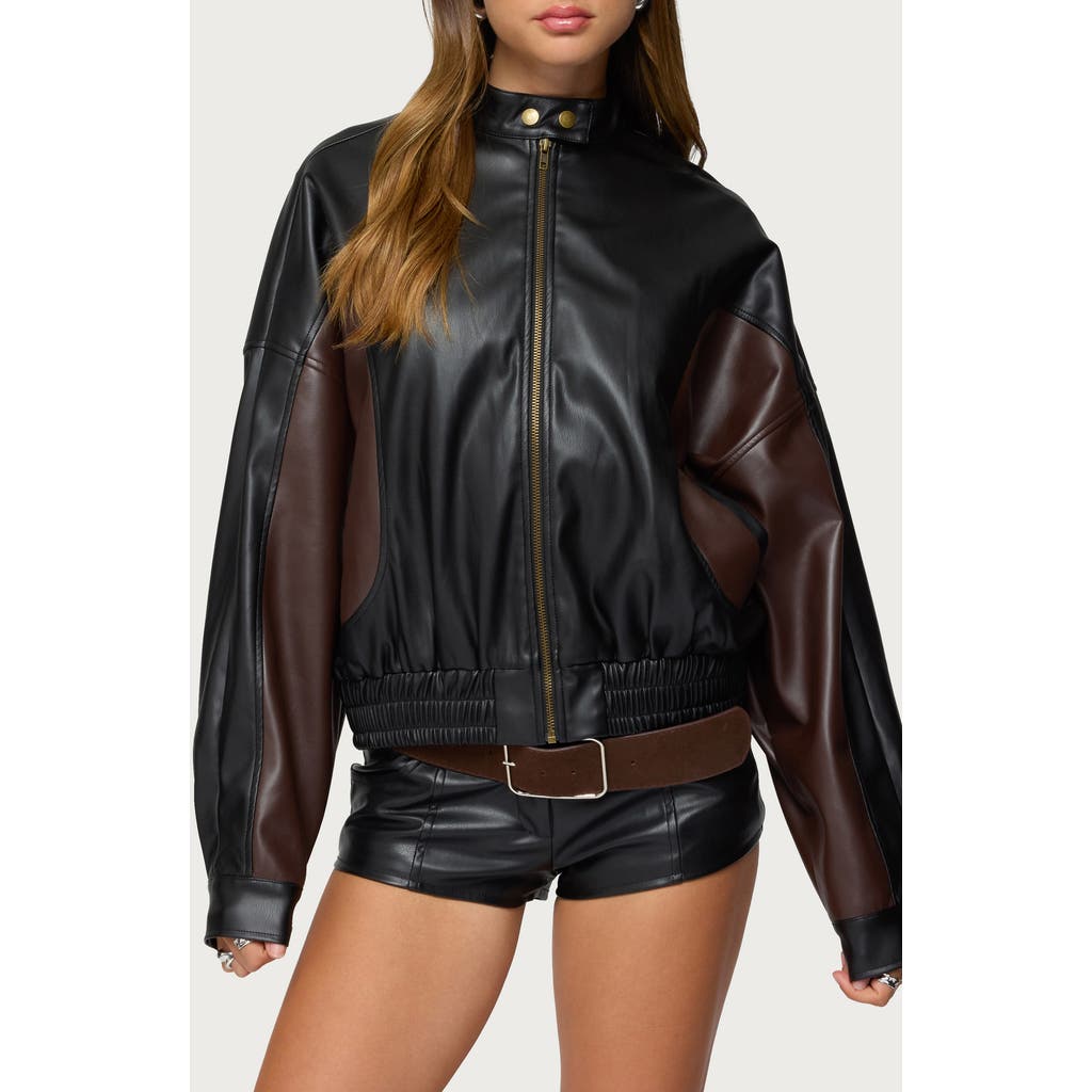 Edikted Lavena Oversize Colorblock Faux Leather Moto Jacket In Black