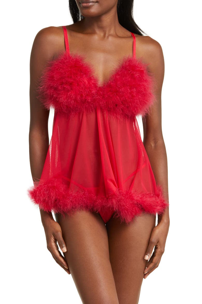Feathery Babydoll Chemise & G-String Set, Main, color, RED